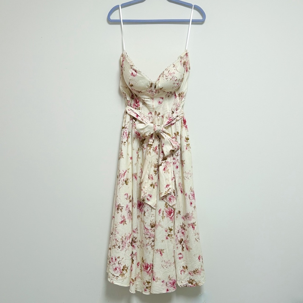 V Chapman The Valentina English Rose Ivory Pink Floral Strapless Midi Dress 14